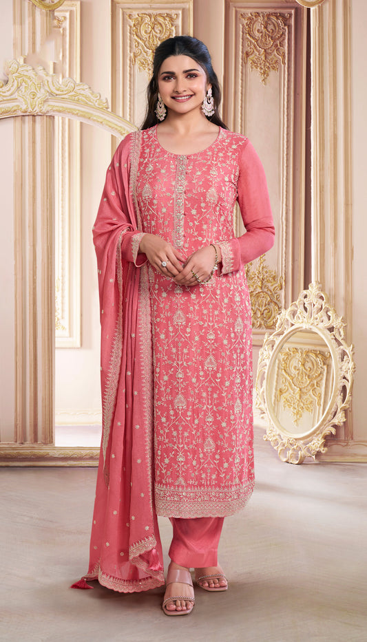 Indian Designer Thread Embroidery Chinon Work Event Wear Salwar Kameez Pant Suit