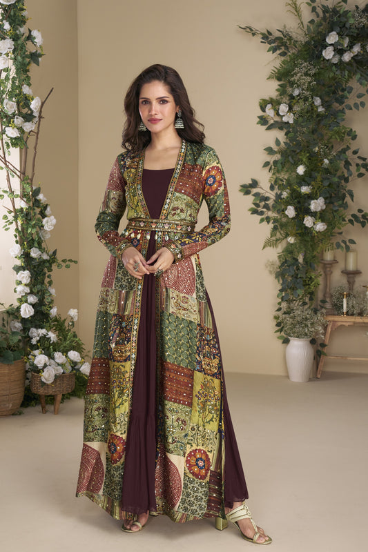 Brown color Anarkali gown in georgette and silk fabric with embellished work, combining rich texture and festive elegance for special occasions.