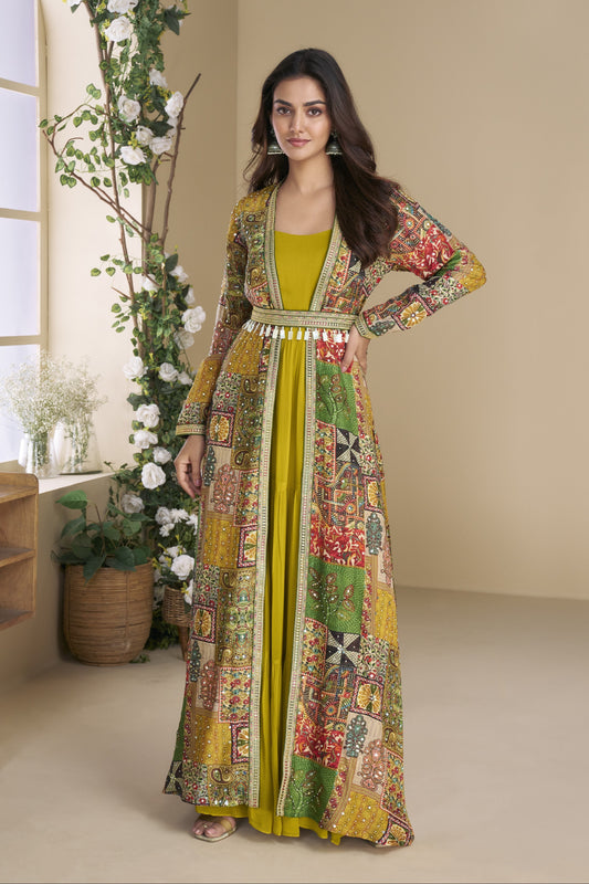 Yellow color Anarkali gown in georgette and silk fabric with embellished work, bringing a bright and festive charm to special occasions.