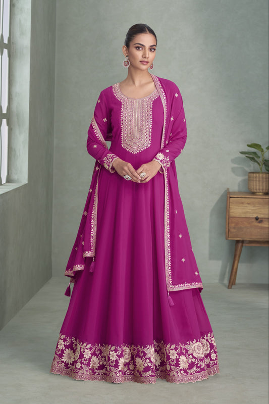 Pink color Anarkali gown in georgette fabric with sequin and embroidery work, offering a soft and festive charm for special occasions.