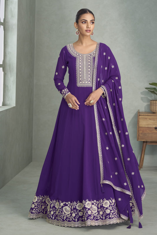 Purple color Anarkali gown in georgette fabric with sequin and embroidery work, showcasing a regal and graceful look ideal for weddings and parties.