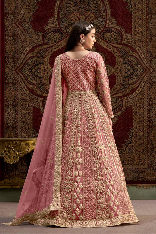 Pakistani Eid Wear Net Embroidery Work Anarkali Gown with Dupatta Suit