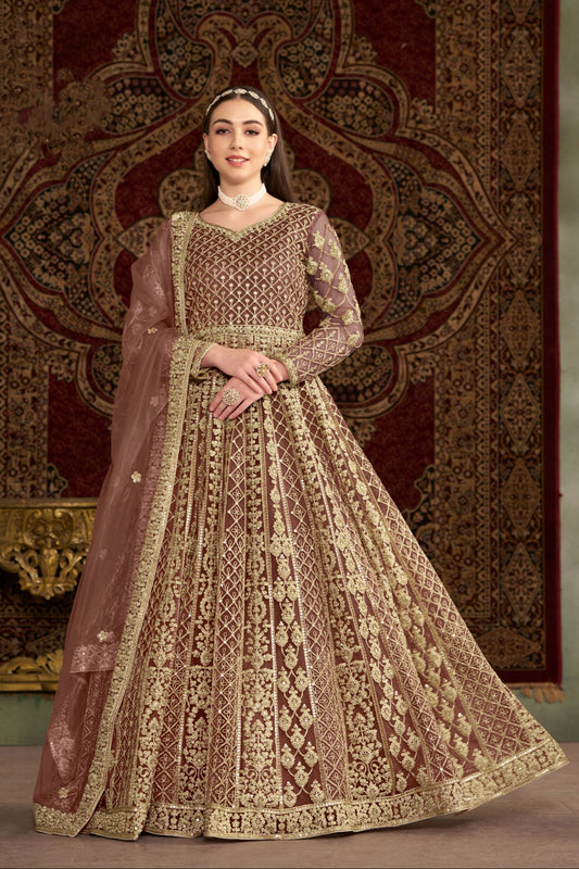 Pakistani Eid Wear Net Embroidery Work Anarkali Gown with Dupatta Suit