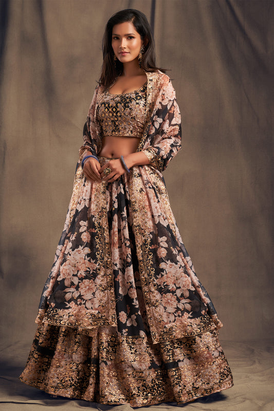 Beautiful Wedding Reception Party Wear Black Color Lehengha Choli With Dupatta