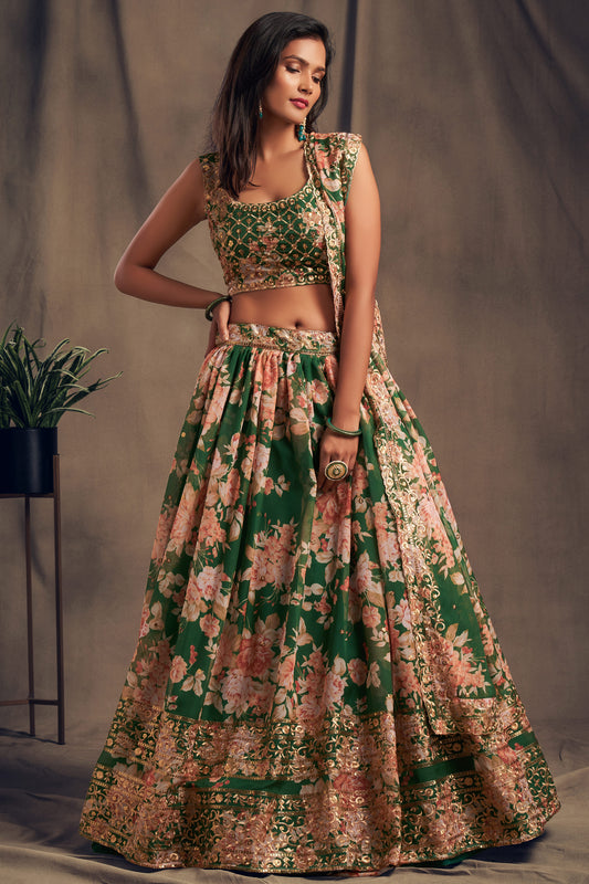 Green Color Mehndi Function Party Wear Stylish Lehengha Choli With Dupatta Blouse