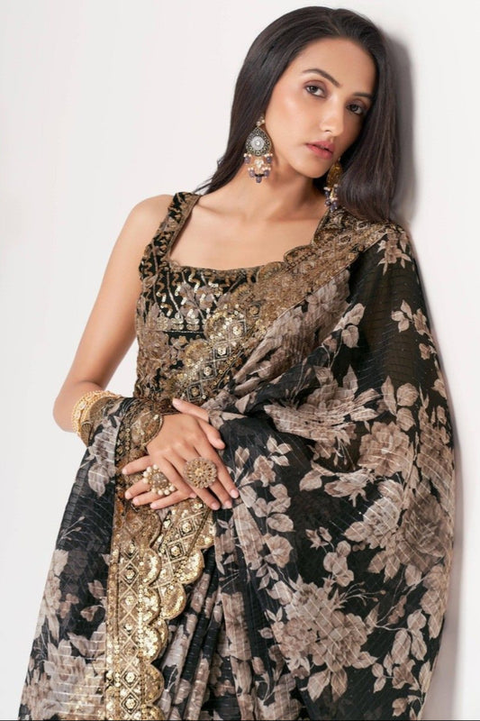 Gorgeous Black Color Floral Print Embroidery Work Festival Wear Saree