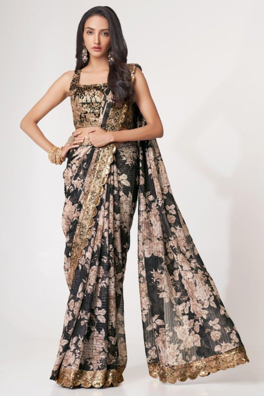 Gorgeous Black Color Floral Print Embroidery Work Festival Wear Saree