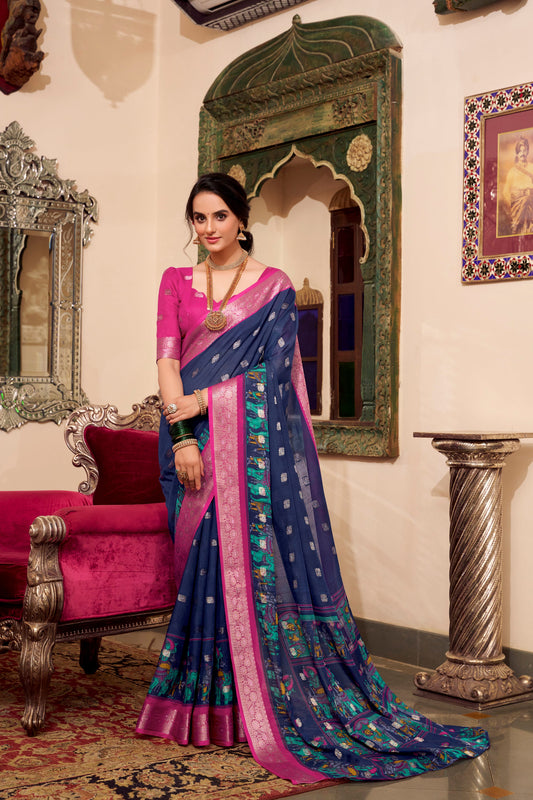 Embroidered Party Wear Saree Traditional Women's Wear Silk Blue Color Sari