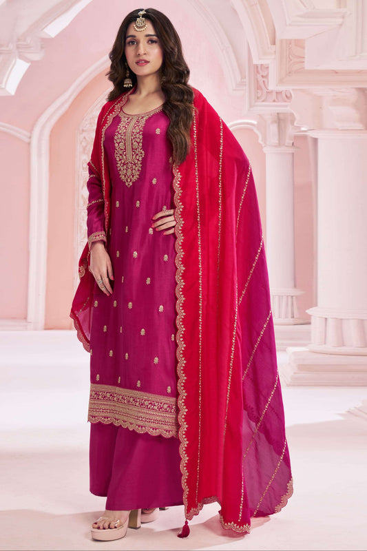 Wedding Function Wear Georgette Salwar Kameez Plazzo Suit With Silk Dupatta