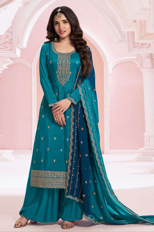 Wedding Function Wear Georgette Salwar Kameez Plazzo Suit With Silk Dupatta