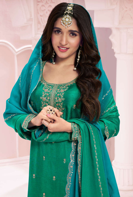 Wedding Function Wear Georgette Salwar Kameez Plazzo Suit With Silk Dupatta