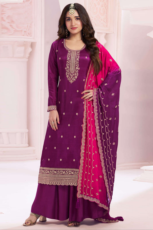 Wedding Function Wear Georgette Salwar Kameez Plazzo Suit With Silk Dupatta