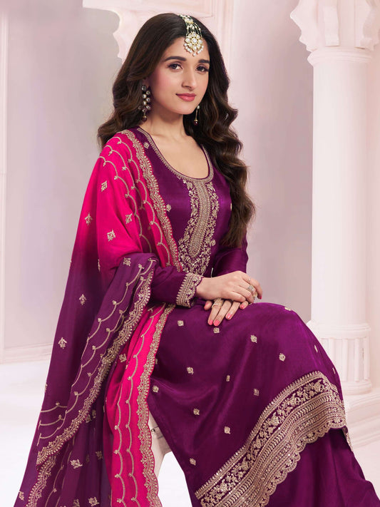 Wedding Function Wear Georgette Salwar Kameez Plazzo Suit With Silk Dupatta