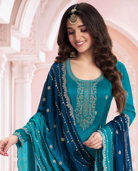 Wedding Function Wear Georgette Salwar Kameez Plazzo Suit With Silk Dupatta