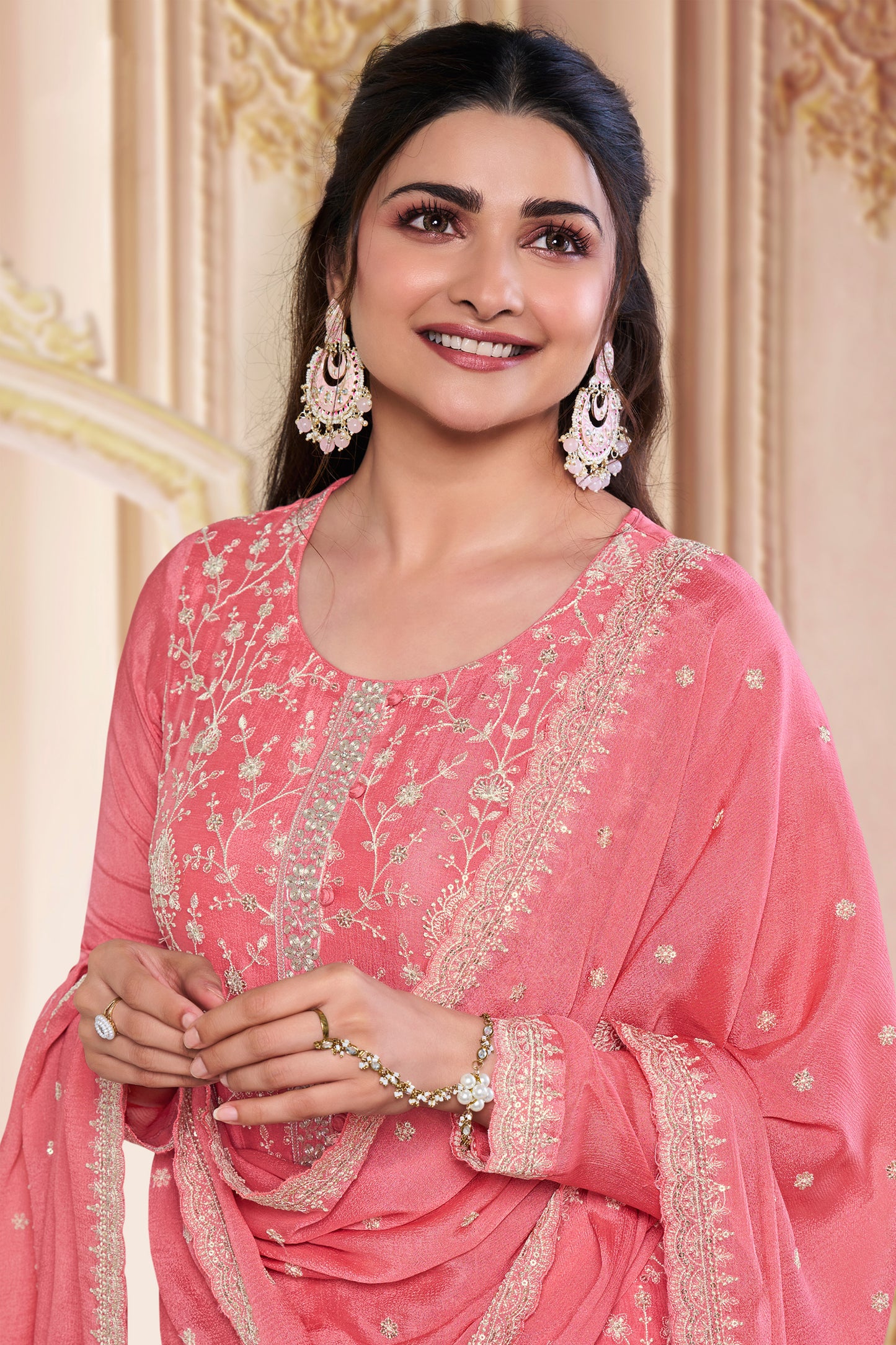 Indian Designer Thread Embroidery Chinon Work Event Wear Salwar Kameez Pant Suit