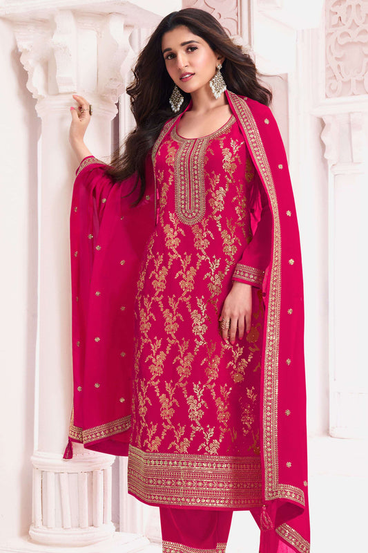 Jacquard Designer Elegant Salwar Kameez With Lace Embroidery and Santoon Bottom