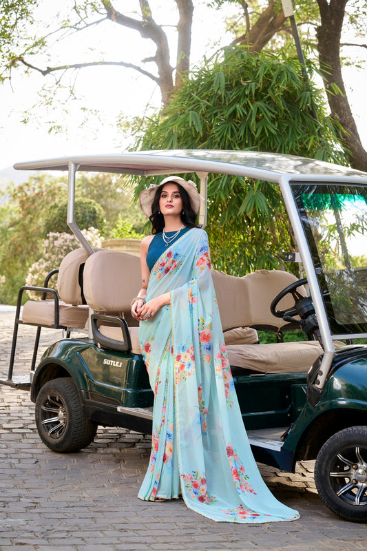 Indian Wedding Soft Saree New Ready To Wear Sky Blue Color Designer Sari