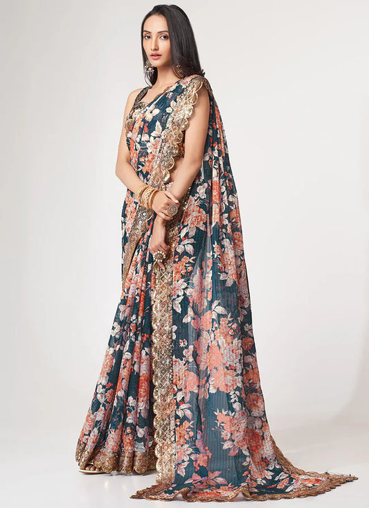 Stunning Navy Blue Floral Printed Wedding Function Wear Heavy Saree