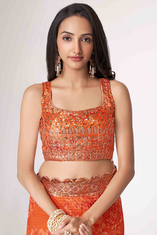 Indian Wedding Guest in USA Pakistani Orange Color Floral Print Organza Fabric Festival Wear Saree