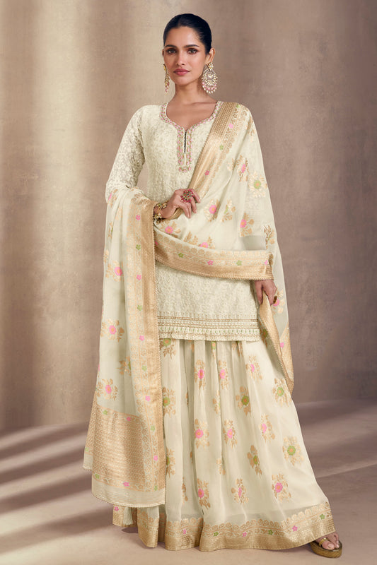 Exclusive Designer Embroidery Work White Salwar Kameez Sharara Plazzo