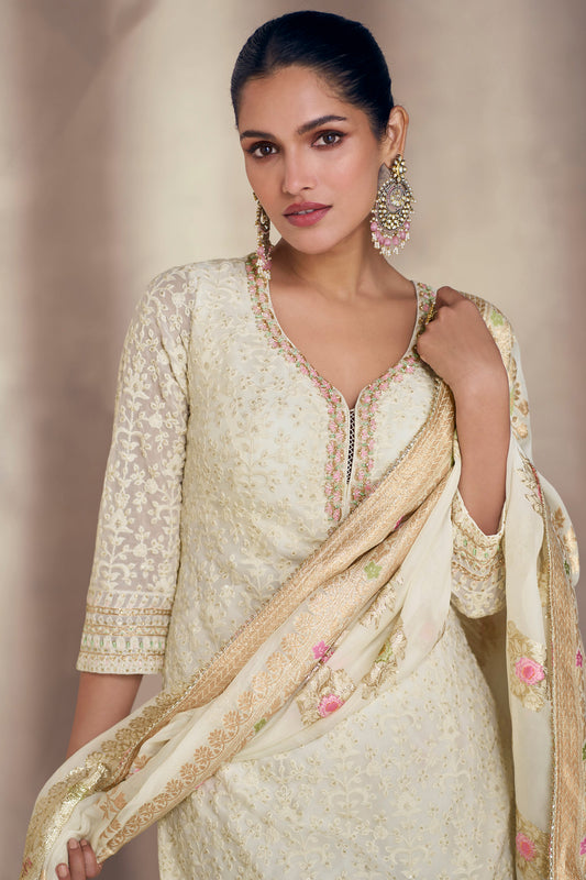 Exclusive Designer Embroidery Work White Salwar Kameez Sharara Plazzo