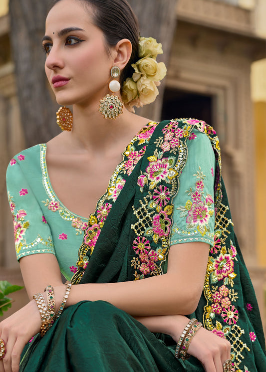 Ready to Wear Saree Plus Size USA Dark Green Color Embroidered Silk Saree With Blouse
