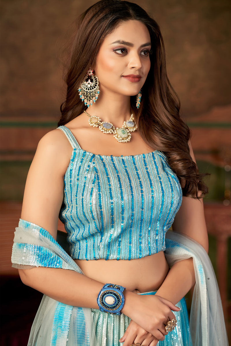 Sky Blue Color Georgette Fabric Wedding Look Sequins Work Lehenga Choli