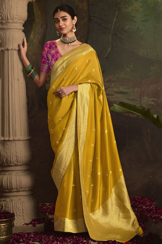Affordable Casual Saree Yellow Color Wedding Haldi Ceremony Ready to Wear Sari USA