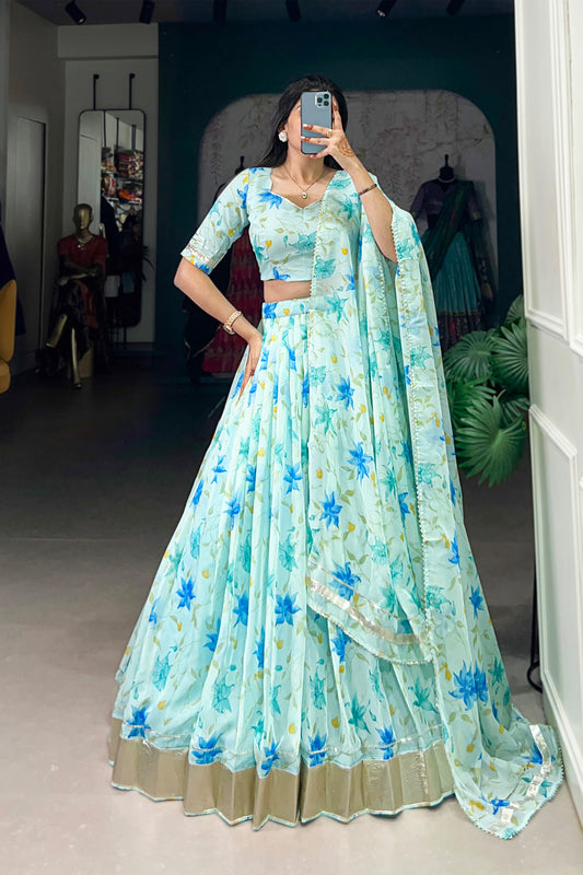 Exclusive Sky Blue Designer Fabric Floral Printed Lehenga Choli With Stylish Dupatta