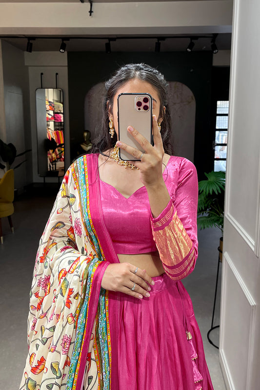 Designer Pink Gaji Silk Bandhej Patola Printed Wedding Lehenga Choli