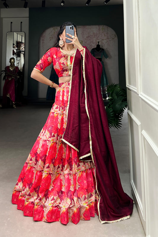 Red Color Embroidery Work Custom Stitched Lehenga Choli Dupatta
