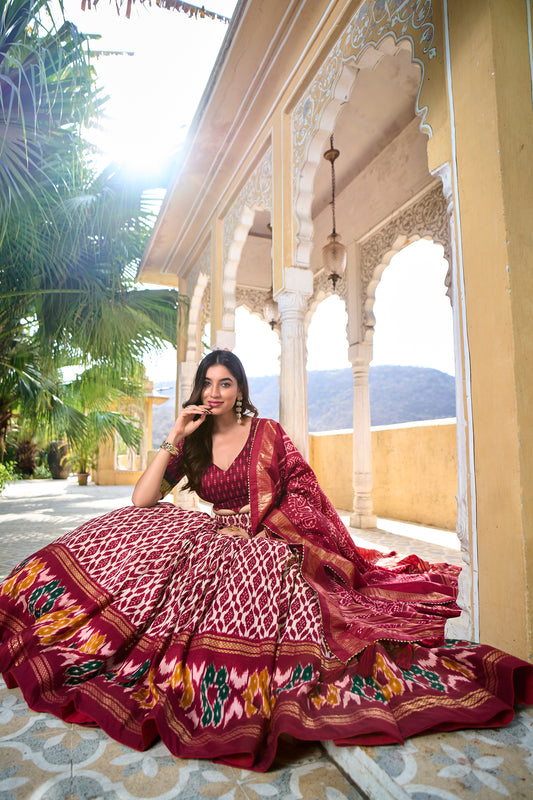 Indian Navratri Special Printed Silk Lahenga Blouse with Dupatta Set