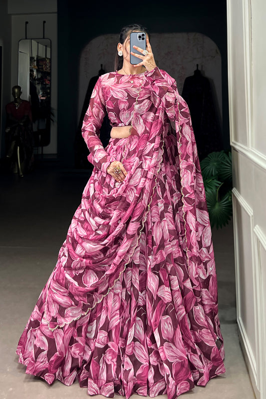 Pink Color Silk Fabric Print With Foil Print Lehenga Choli with Blouse