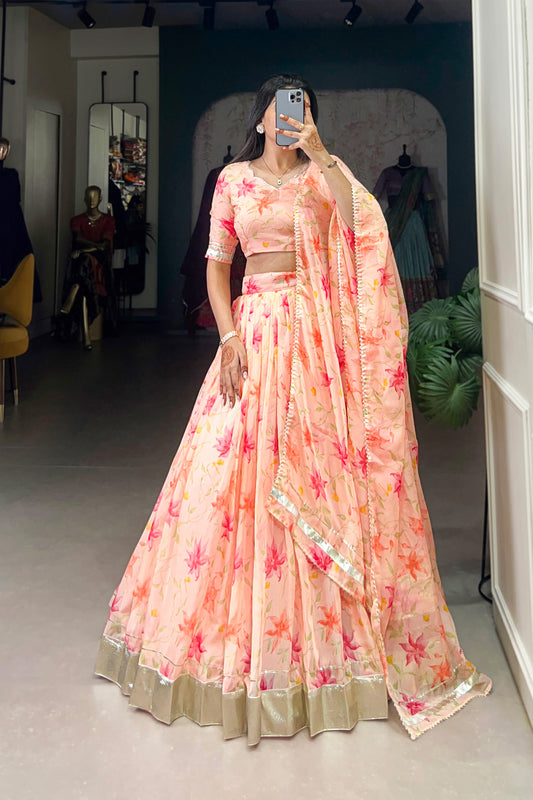 Indian Traditional Style Light Orange Design Floral Printed Lehenga Choli For Wedding Function