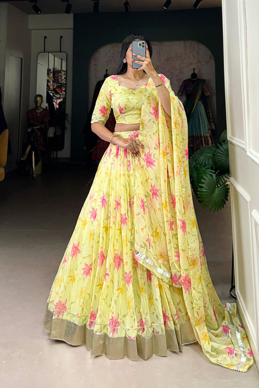 Yellow Color Haldi Function Wear Floral Printed Lehenga Choli With Gorgeous Dupatta