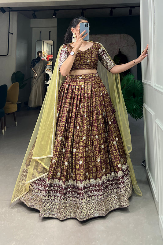 Bollywood Brown Color Wedding Reception Event Party Wear Lehenga