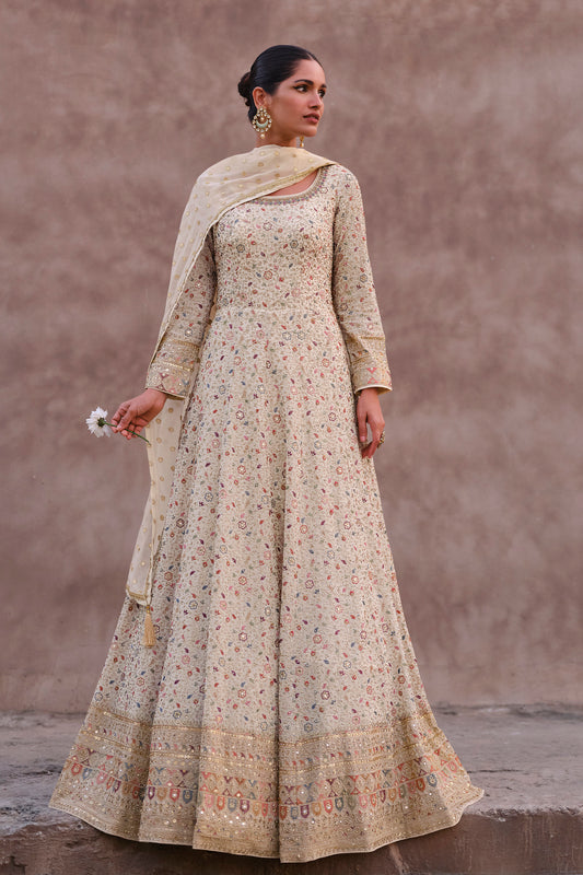 Heavy Embroidery Work Pakistani Wedding Wear Long Anarkali Dupatta Gown