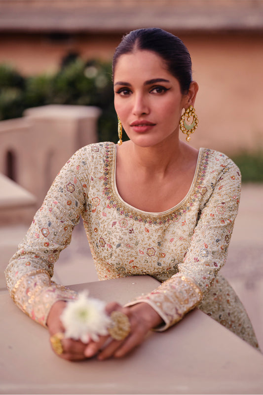 Heavy Embroidery Work Pakistani Wedding Wear Long Anarkali Dupatta Gown