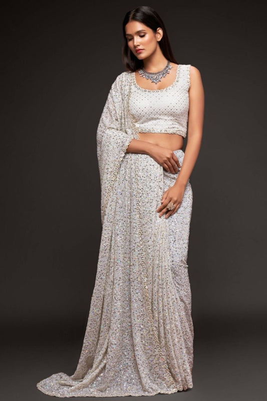 Beautiful Sequins Work White Color Georgette Fabric Party Wear Saree