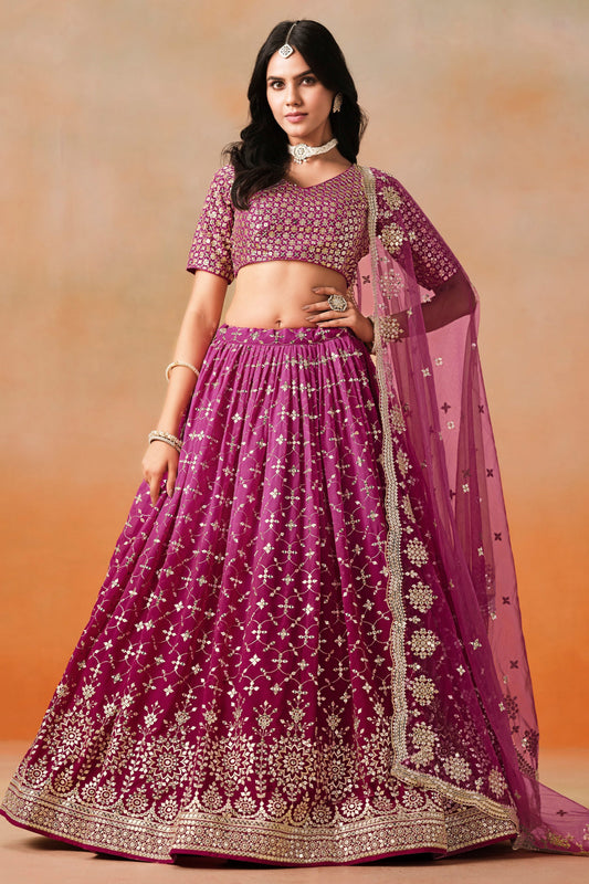 Embroidered Ready to Wear Lehenga Wine Georgette Engagement Wear Choli With Dupatta