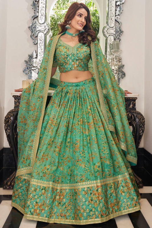 Green Color Printed Organza Fabric Mehendi Function Wear Lehenga Choli