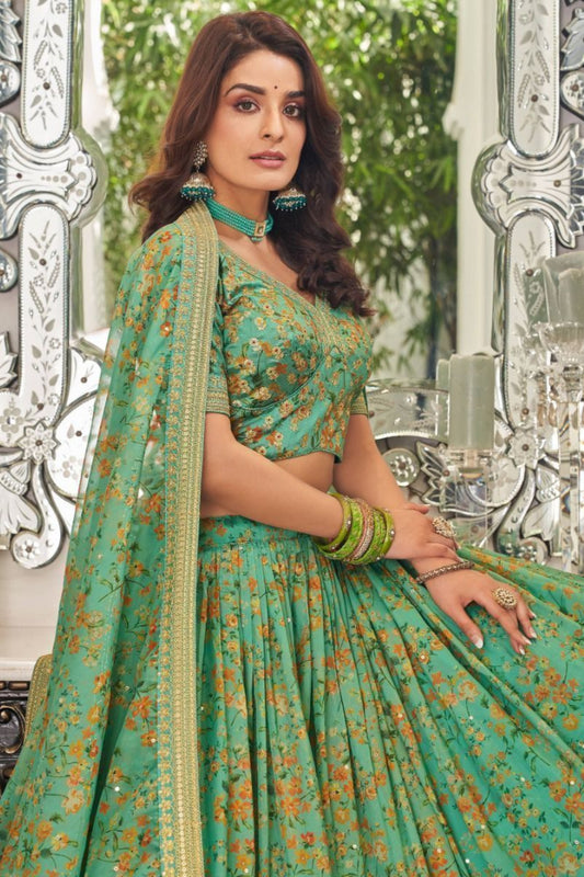 Green Color Printed Organza Fabric Mehendi Function Wear Lehenga Choli
