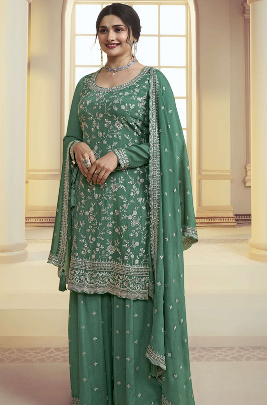 Indian Pakistani Designer Embroidery Work Salwar Kameez Palazzo Suit With Chinon Dupatta