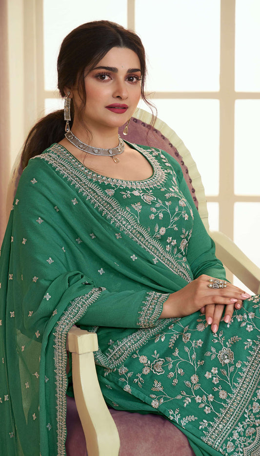 Indian Pakistani Designer Embroidery Work Salwar Kameez Palazzo Suit With Chinon Dupatta