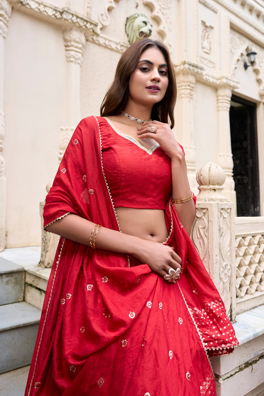 Amazing Red Color Embroidery Pure Chanderi Fabric Wedding Wear Lehenga