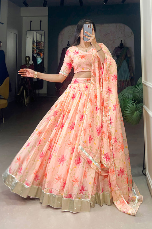 Indian Traditional Style Light Orange Design Floral Printed Lehenga Choli For Wedding Function