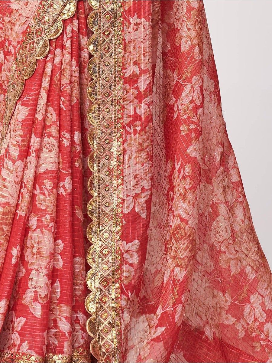 Bollywood Style Red Color Floral Printed Organza Fabric Ethnic Saree