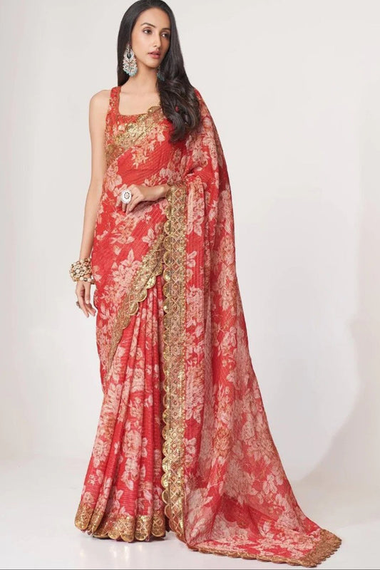 Bollywood Style Red Color Floral Printed Organza Fabric Ethnic Saree