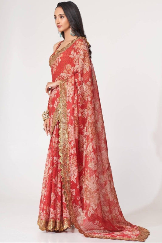 Bollywood Style Red Color Floral Printed Organza Fabric Ethnic Saree