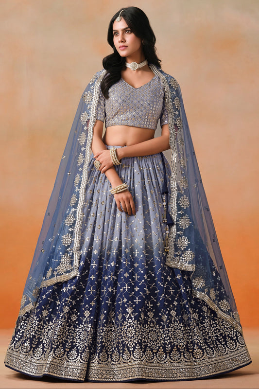 Festive Wear Lehenga Beautiful Blue Color Georgette Stylish Blouse Lehenga with Net Dupatta